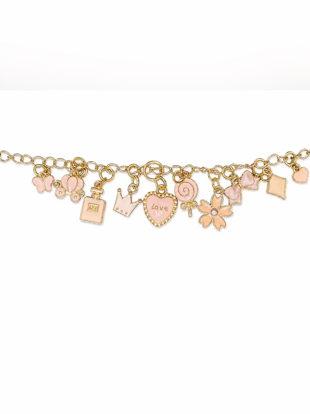 Gold-Tone Pink Enamel Charm Bracelet — Heart & Flower Charms